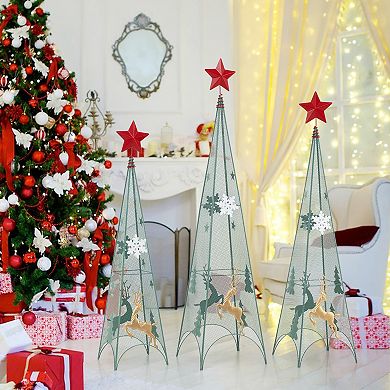 Gymax Set of 3 Tower Shaped Christmas Trees 3ft/3.5ft/4ft Artificial Xmas Metal