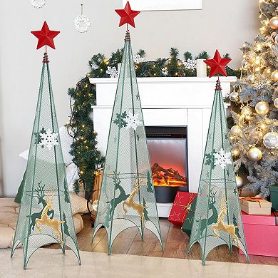 Gymax Set of 3 Tower Shaped Christmas Trees 3ft/3.5ft/4ft Artificial Xmas Metal