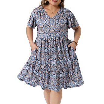 Women's Plus Size Summer Boho Dresses V Neck Short Flutter Sleeve Argyle Midi Sun Dress Beach Flowy