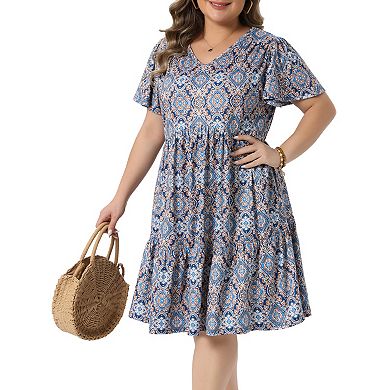 Women's Plus Size Summer Boho Dresses V Neck Short Flutter Sleeve Argyle Midi Sun Dress Beach Flowy