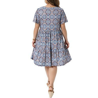 Women's Plus Size Summer Boho Dresses V Neck Short Flutter Sleeve Argyle Midi Sun Dress Beach Flowy