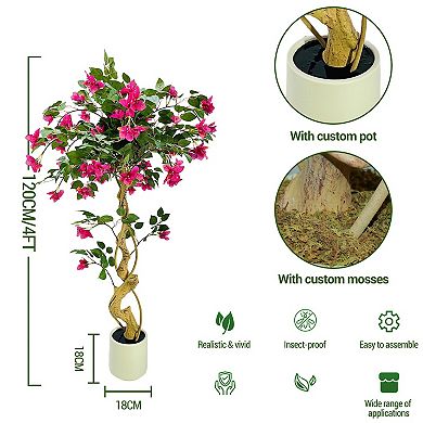 4ft Artificial Bougainvillea Tree, Large Realistic Faux Tree in Pot, with Flowers and Leaves, Decor
