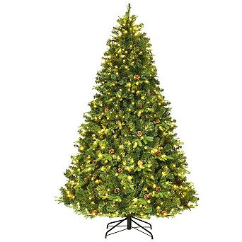 Gymax Pre-Lit 7.5' Artificial Christmas Tree Hinged LED Lights Pine Cones Metal Stand