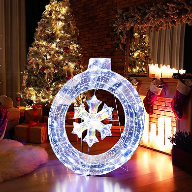 Gymax 33'' Lighted Ornament Pre-Lit Christmas Wreath w/ 128 Cold White LED Lights