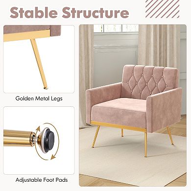 Modern Velvet Accent Chair with Button Tufted Back Metal Legs and Adjustable Foot Pads