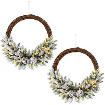 Gymax 2 pc 24'' Christmas Wreath w/65 Branch Tips 8 Natural Pine Cones 6 Lighting Modes