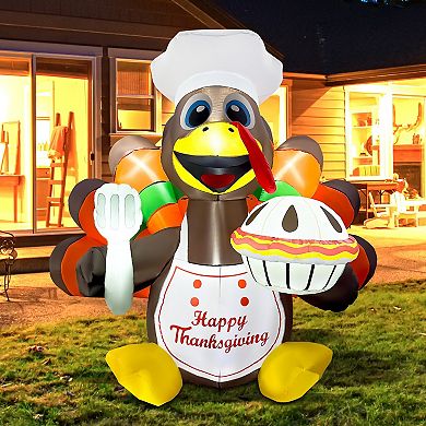 GOOSH 6FT Turkey Chef Inflatable with LED Lights and Pumpkin Pie, Thanksgiving Outdoor Décor