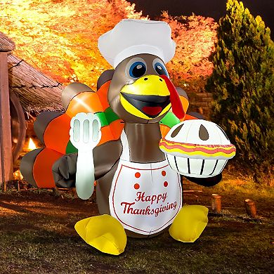 GOOSH 6FT Turkey Chef Inflatable with LED Lights and Pumpkin Pie, Thanksgiving Outdoor Décor