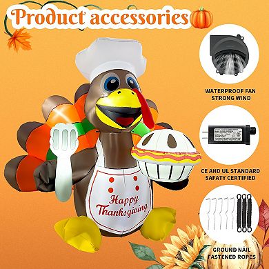 GOOSH 6FT Turkey Chef Inflatable with LED Lights and Pumpkin Pie, Thanksgiving Outdoor Décor