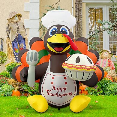 GOOSH 6FT Turkey Chef Inflatable with LED Lights and Pumpkin Pie, Thanksgiving Outdoor Décor