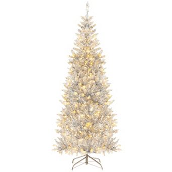 Gymax 6 FT Pre-lit Artificial Silver Tinsel Xmas Tree Slim Pencil w/ 790 Branch Tips&300 LED Lights