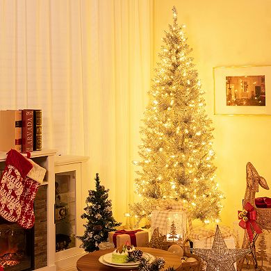 Gymax 6 FT Pre-lit Artificial Silver Tinsel Xmas Tree Slim Pencil w/ 790 Branch Tips&300 LED Lights