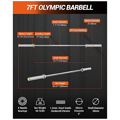7FT Olympi Barbell 45 Lbs Weight Bar for Deadlift, Bench Press, Strength Training Bars
