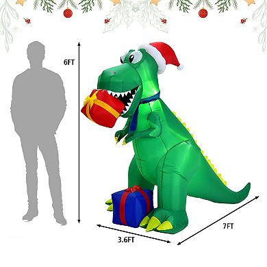 Gymax 6 ft Inflatable Christmas Dinosaur Blow Up Xmas Decor w/ Built-in LED Lights