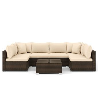7 pc Patio Rattan Sectional Sofa Set with Cushions