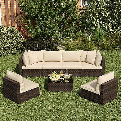 7 Piece Patio Rattan Sectional Sofa Set with Cushions