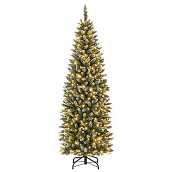 Gymax 6 FT Pre-Lit Artificial Christmas Tree Hinged Slim Pencil Xmas Tree w/ 618 Snowy Branch Tips