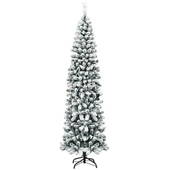 Gymax 7.5ft Snow Flocked Pencil Christmas Tree Artificial Pine Tree w/ Metal Stand