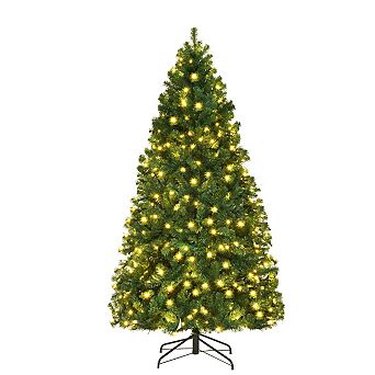 Gymax 7ft Pre-Lit PVC Artificial Christmas Tree Hinged LED Lights Metal Stand