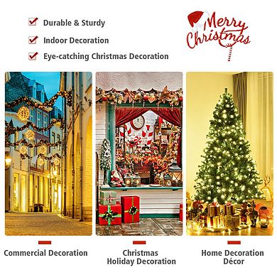 Gymax 7ft Pre-Lit PVC Artificial Christmas Tree Hinged LED Lights Metal Stand