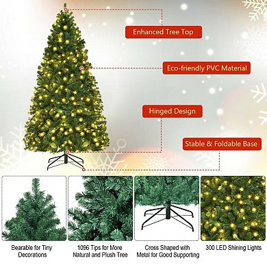 Gymax 7ft Pre-Lit PVC Artificial Christmas Tree Hinged LED Lights Metal Stand