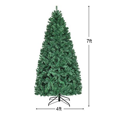 Gymax 7ft Pre-Lit PVC Artificial Christmas Tree Hinged LED Lights Metal Stand