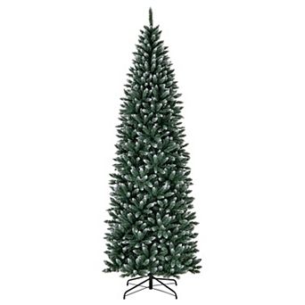 Gymax 9 FT Pre-Lit Artificial Christmas Tree Hinged Slim Pencil Xmas Tree w/ 1298 Snowy Branch Tips
