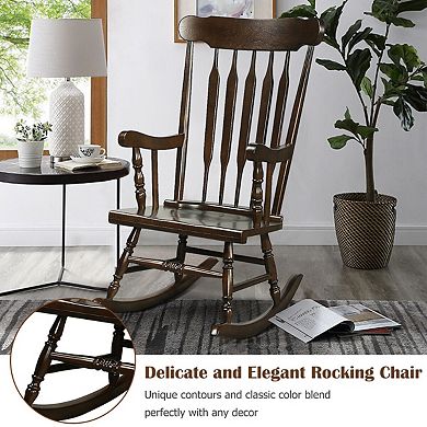 Rocking Chair with Solid Wooden Frame for Garden and Patio-Brown