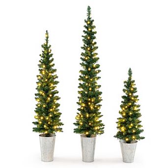 Gymax Set of 3 Pre-Lit Artificial Christmas Trees 3 4 5 FT Slim Pencil Potted Xmas Tree