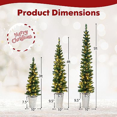 Gymax Set of 3 Pre-Lit Artificial Christmas Trees 3 4 5 FT Slim Pencil Potted Xmas Tree