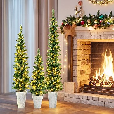 Gymax Set of 3 Pre-Lit Artificial Christmas Trees 3 4 5 FT Slim Pencil Potted Xmas Tree