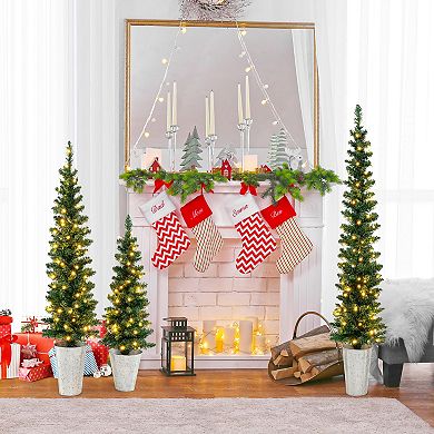 Gymax Set of 3 Pre-Lit Artificial Christmas Trees 3 4 5 FT Slim Pencil Potted Xmas Tree