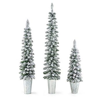 Gymax Set of 3 Pre-Lit Snow Flocked Artificial Christmas Trees 3 4 5 FT Slim Pencil Potted Xmas Tree