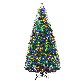 Gymax 7FT Pre-Lit Christmas Tree Hinged Artificial Tree w/ Colorful LED Lights