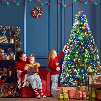 Gymax 7FT Pre-Lit Christmas Tree Hinged Artificial Tree w/ Colorful LED Lights