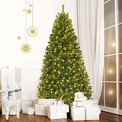 Gymax 7FT Pre-Lit Christmas Tree Hinged Artificial Tree w/ Colorful LED Lights