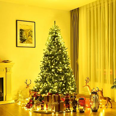 Gymax 7FT Pre-Lit Christmas Tree Hinged Artificial Tree w/ Colorful LED Lights