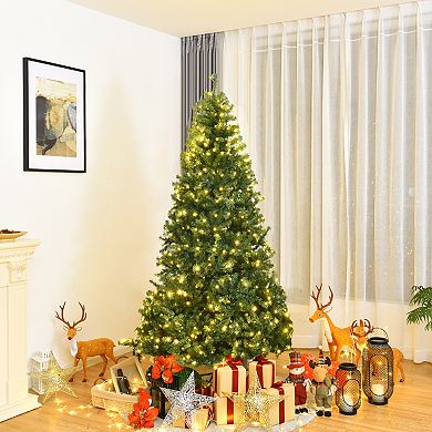 Gymax 7FT Pre-Lit Christmas Tree Hinged Artificial Tree w/ Colorful LED Lights