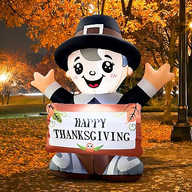 GOOSH 5FT Pilgrim Boy Inflatable with LED Lights and Happy Thanksgiving Sign Outdoor Décor