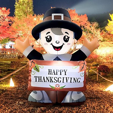 GOOSH 5FT Pilgrim Boy Inflatable with LED Lights and Happy Thanksgiving Sign Outdoor Décor