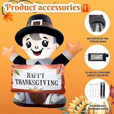 GOOSH 5FT Pilgrim Boy Inflatable with LED Lights and Happy Thanksgiving Sign Outdoor Décor