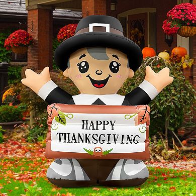 GOOSH 5FT Pilgrim Boy Inflatable with LED Lights and Happy Thanksgiving Sign Outdoor Décor