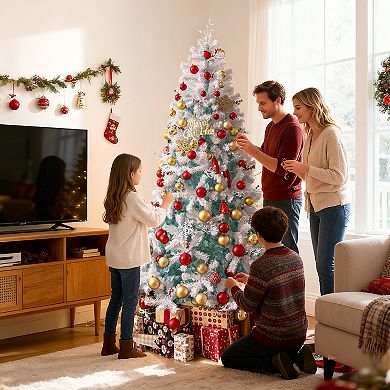 Gymax 7 FT Pre-Lit Artificial Christmas Tree w/855 Snow Flocked Branch Tips