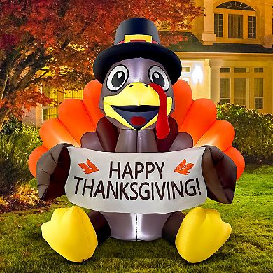 GOOSH 6FT Turkey Inflatable with Pilgrim Hat, LED Lights & Happy Thanksgiving Banner Outdoor Décor
