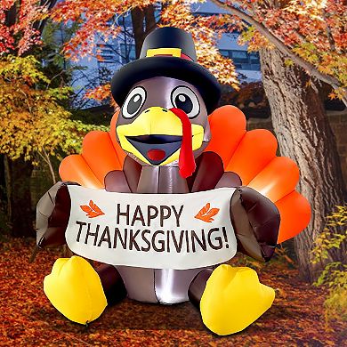 GOOSH 6FT Turkey Inflatable with Pilgrim Hat, LED Lights & Happy Thanksgiving Banner Outdoor Décor