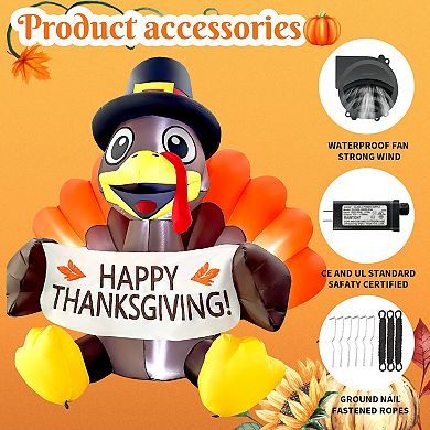 GOOSH 6FT Turkey Inflatable with Pilgrim Hat, LED Lights & Happy Thanksgiving Banner Outdoor Décor