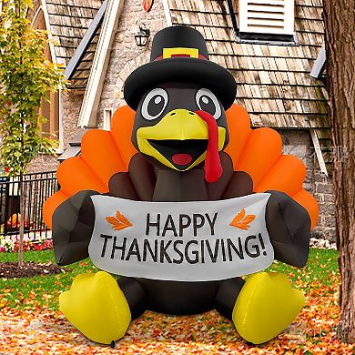 GOOSH 6FT Turkey Inflatable with Pilgrim Hat, LED Lights & Happy Thanksgiving Banner Outdoor Décor