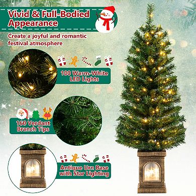 Gymax 4 FT Pre-Lit Potted Christmas Tree Artificial Entrance Tree w/ LED Lights & 160 Branch Tips