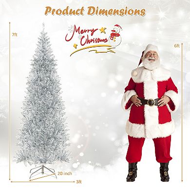 Gymax 7 FT Pre-lit Artificial Silver Tinsel Christmas Tree Slim Pencil Xmas Tree
