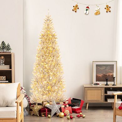 Gymax 7 FT Pre-lit Artificial Silver Tinsel Christmas Tree Slim Pencil Xmas Tree